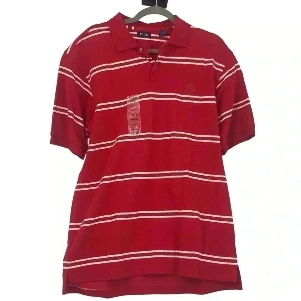 IZOD Men’s Medium Polo Shirt – Red Striped 100% Cotton Collared Top NWT - Picture 4 of 8